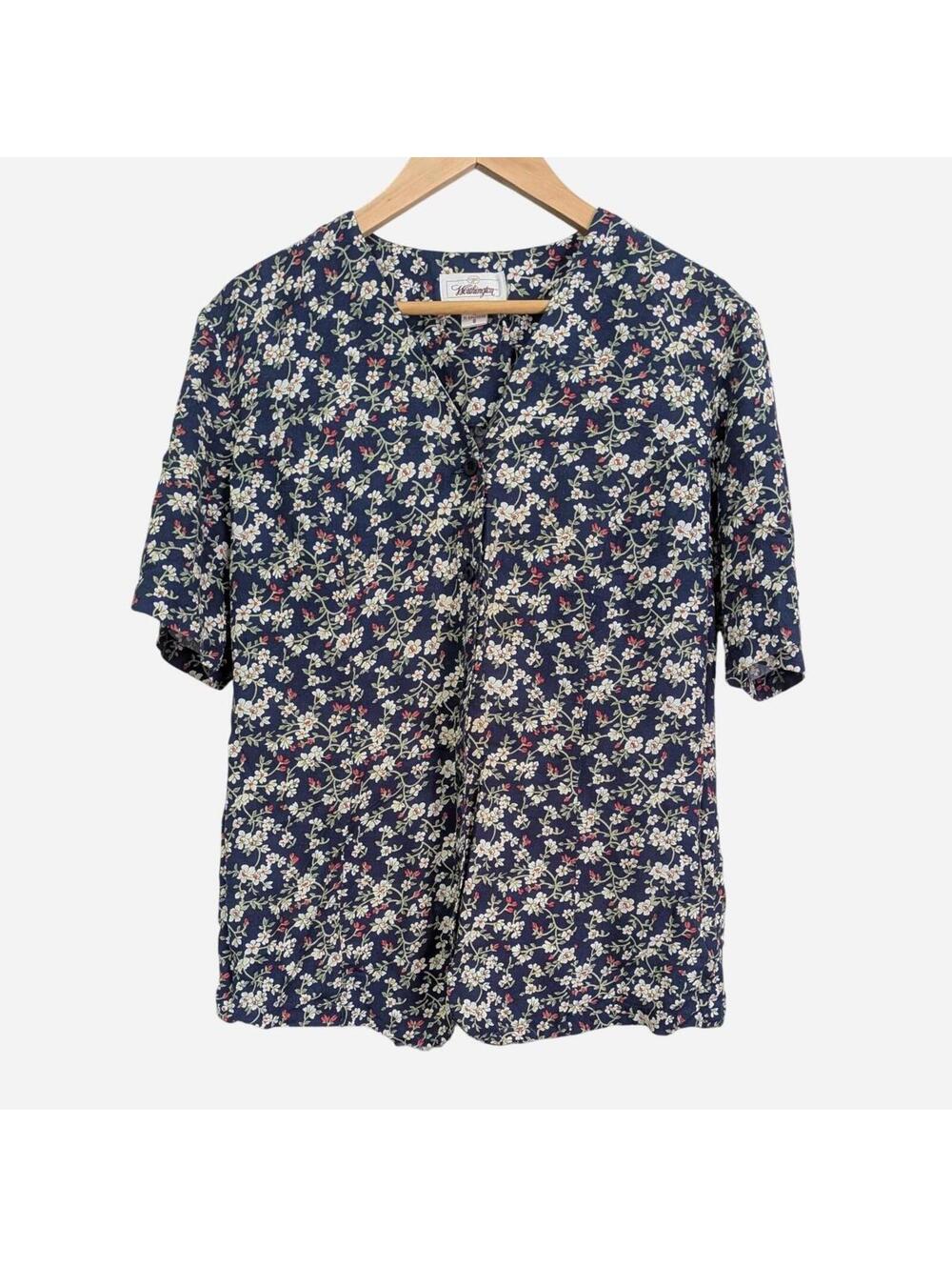 1990s Worthington Navy Ditsy Floral Button Front Short Sleeve Blouse Size Medium